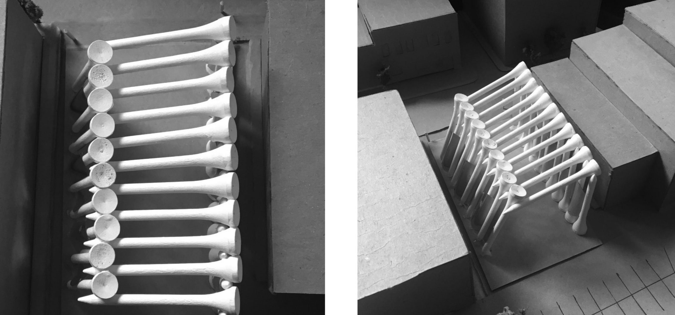 Two photos of a model made from golf tees