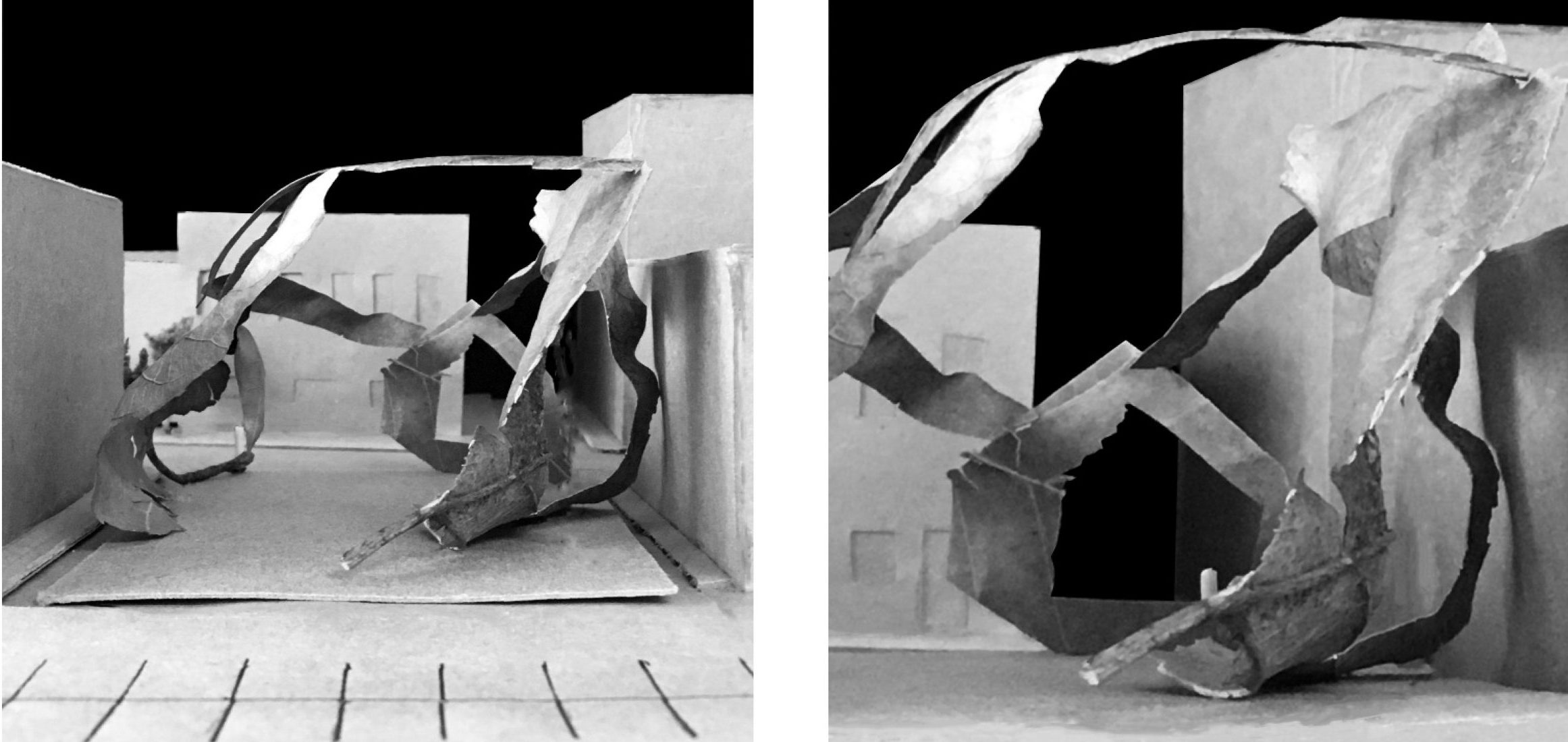 Two photos of a model made from torn paper