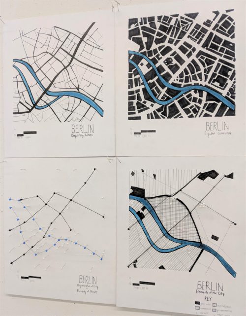Urban analysis drawings of Berlin pinned up featuring the Spree River 
