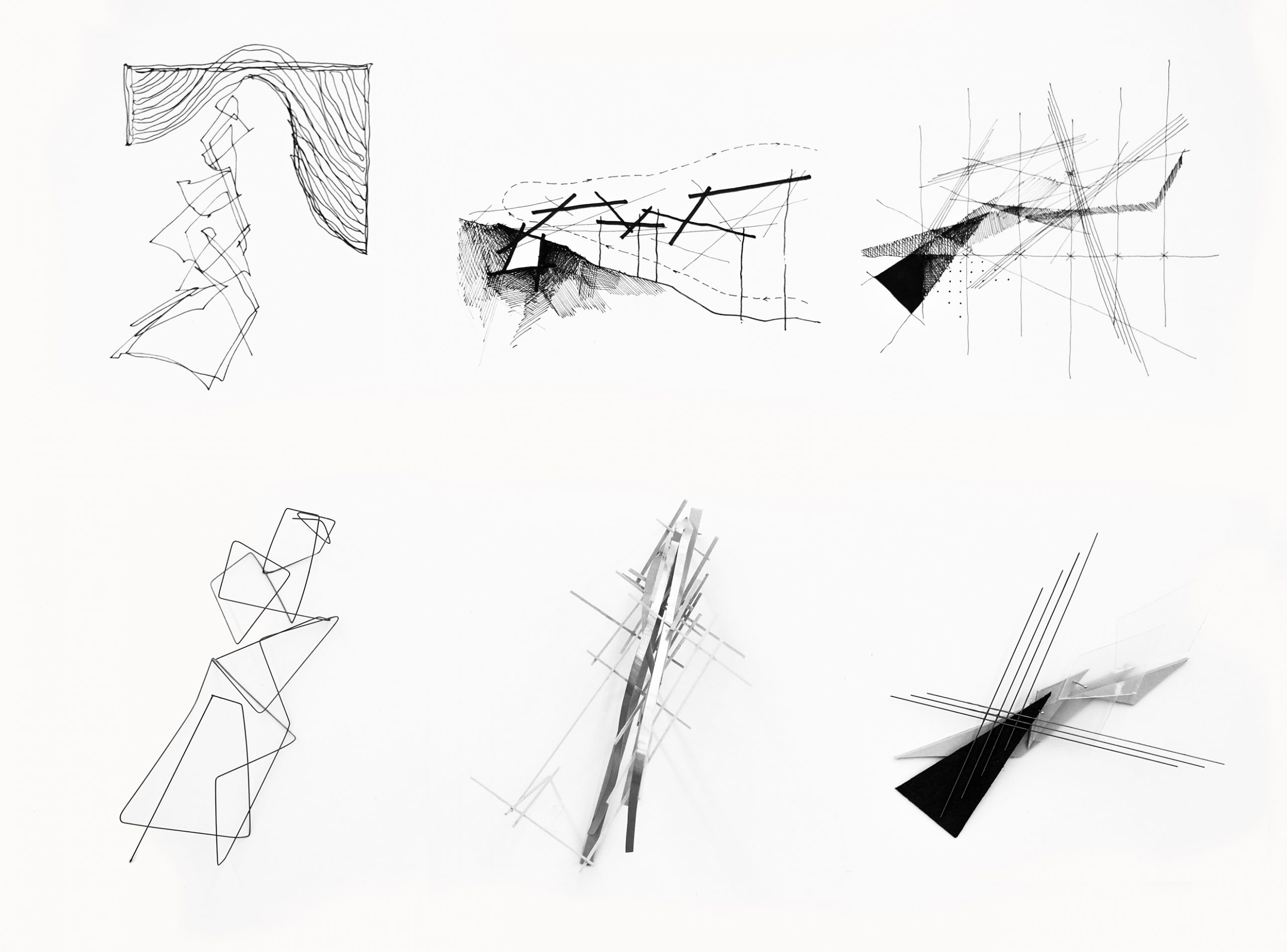 six sketches in black pen