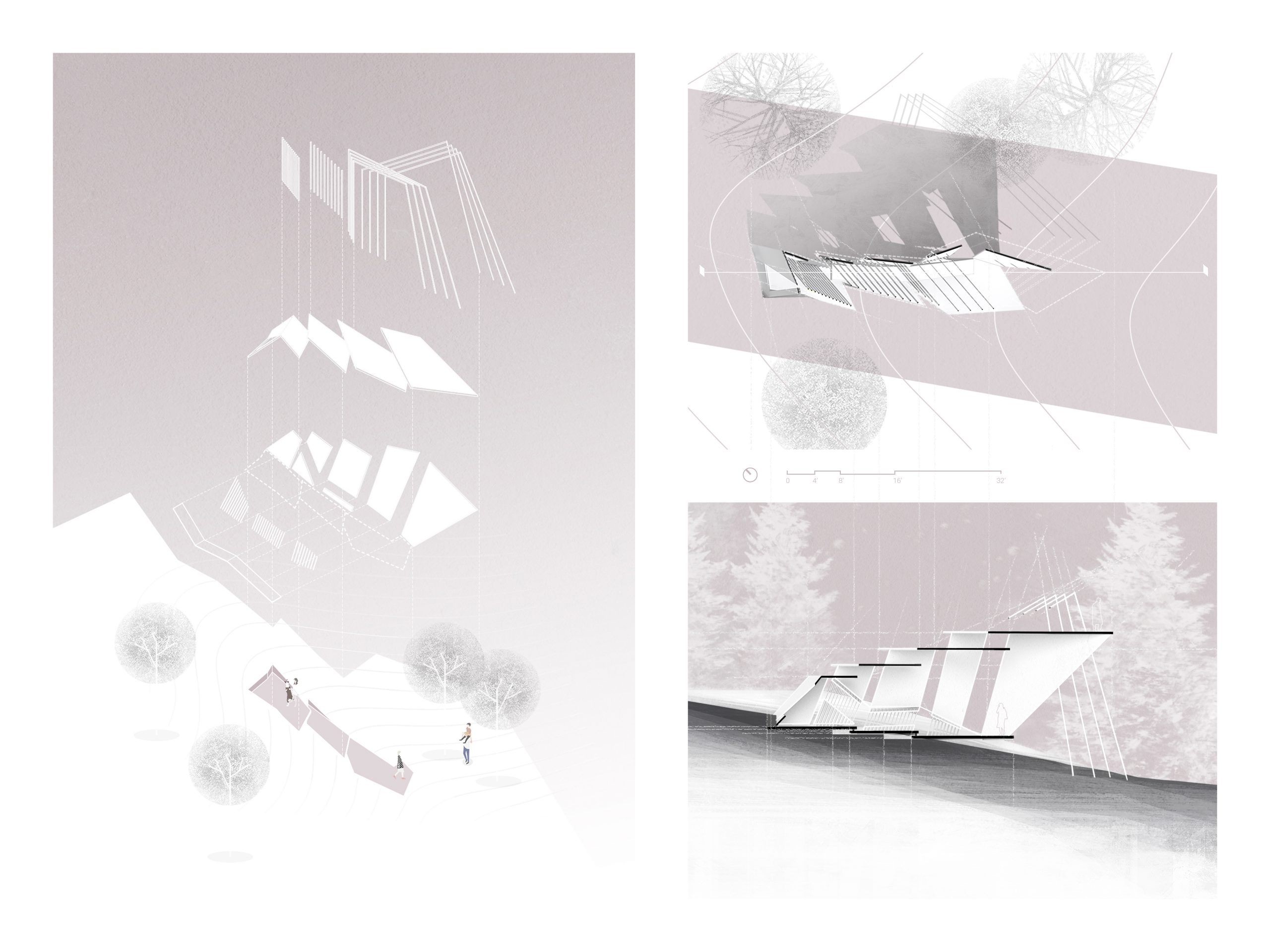 axonometric, plan, and section drawings in pink, black, and white