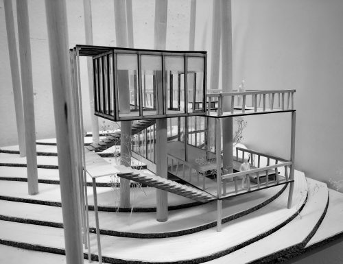 black and white image of building model 