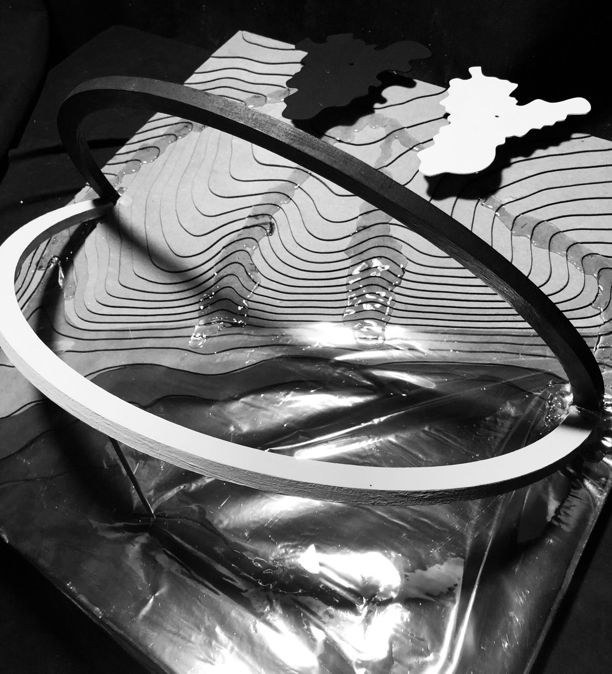 black and white image of topography model with two large arcs