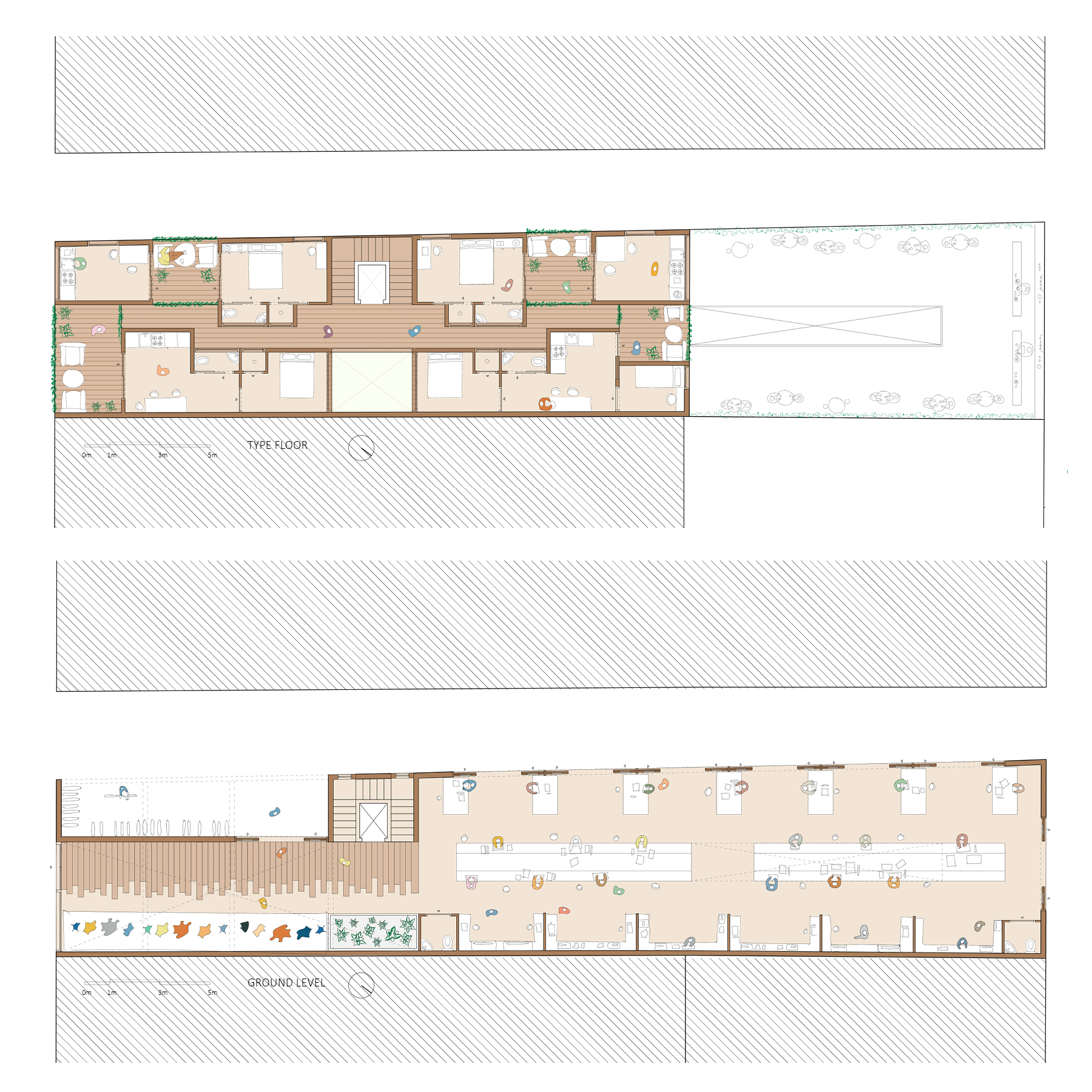 Floor plans of linear building