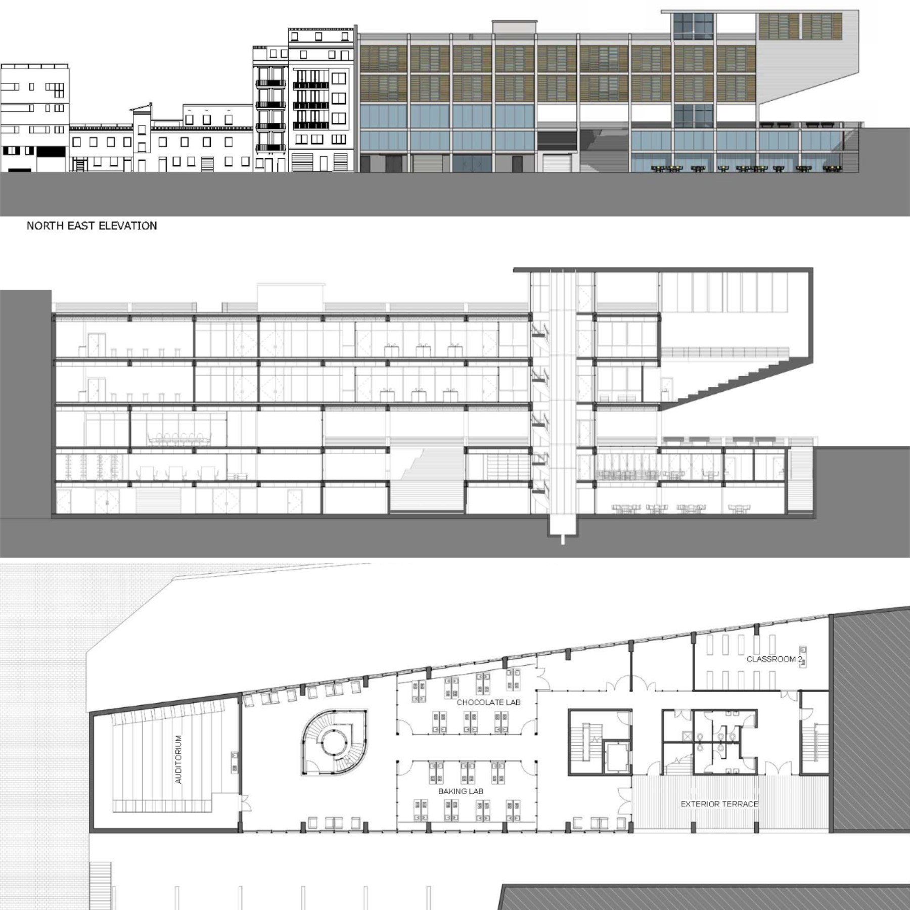 elevation, section, and plan drawings