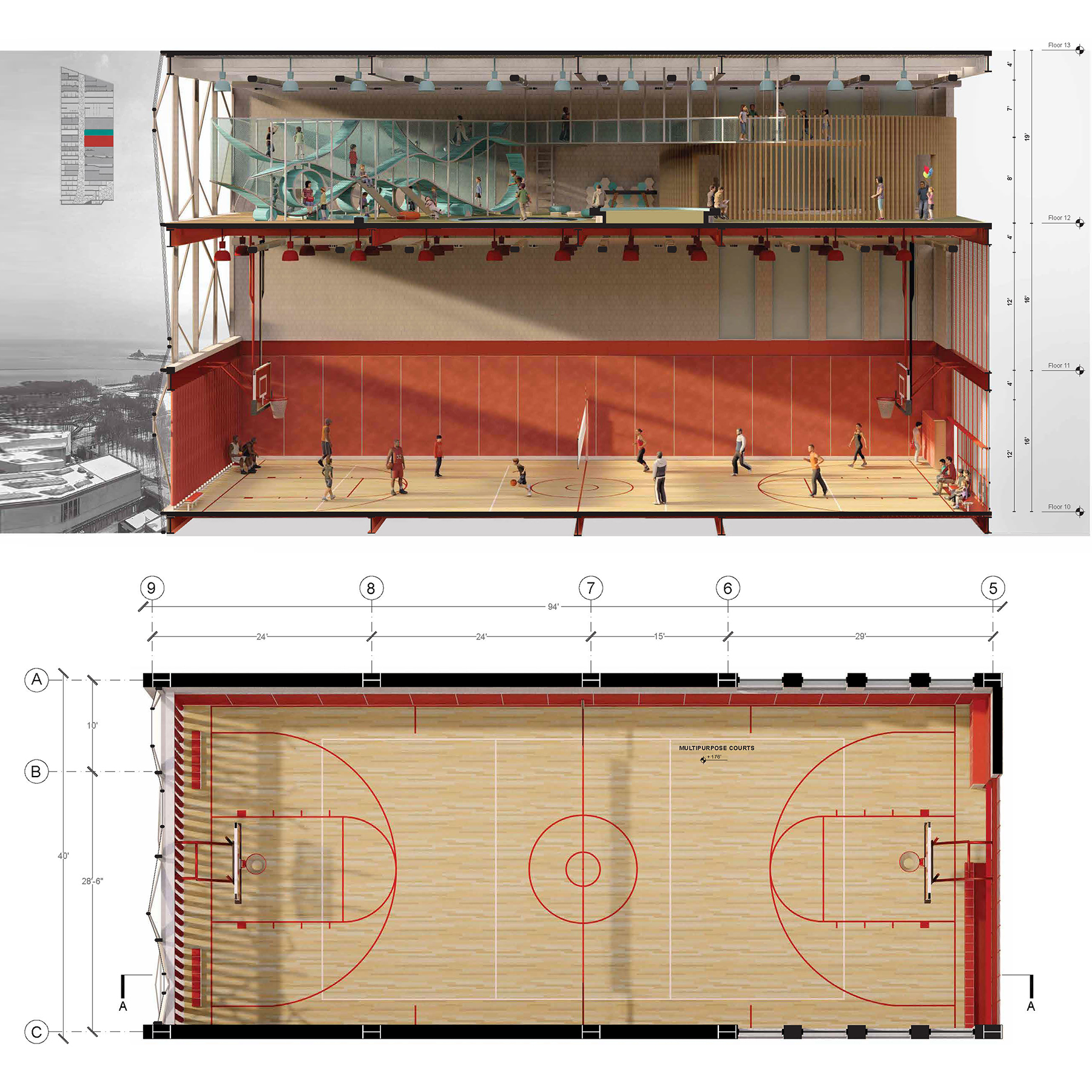 detial section and plan, rendered