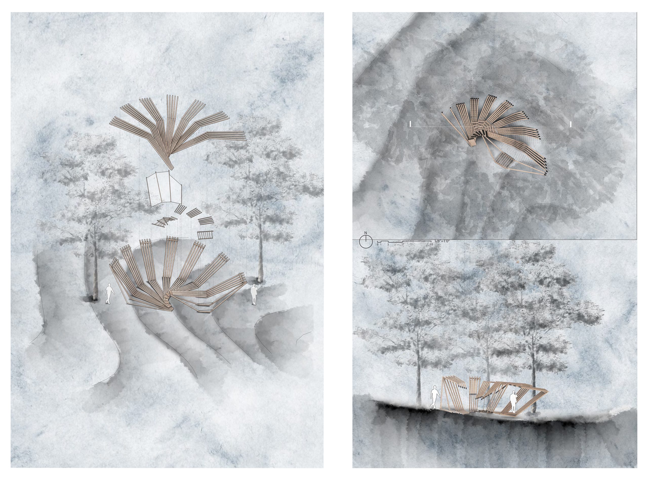 axonometric, plan, and section drawings in grey, black, and white