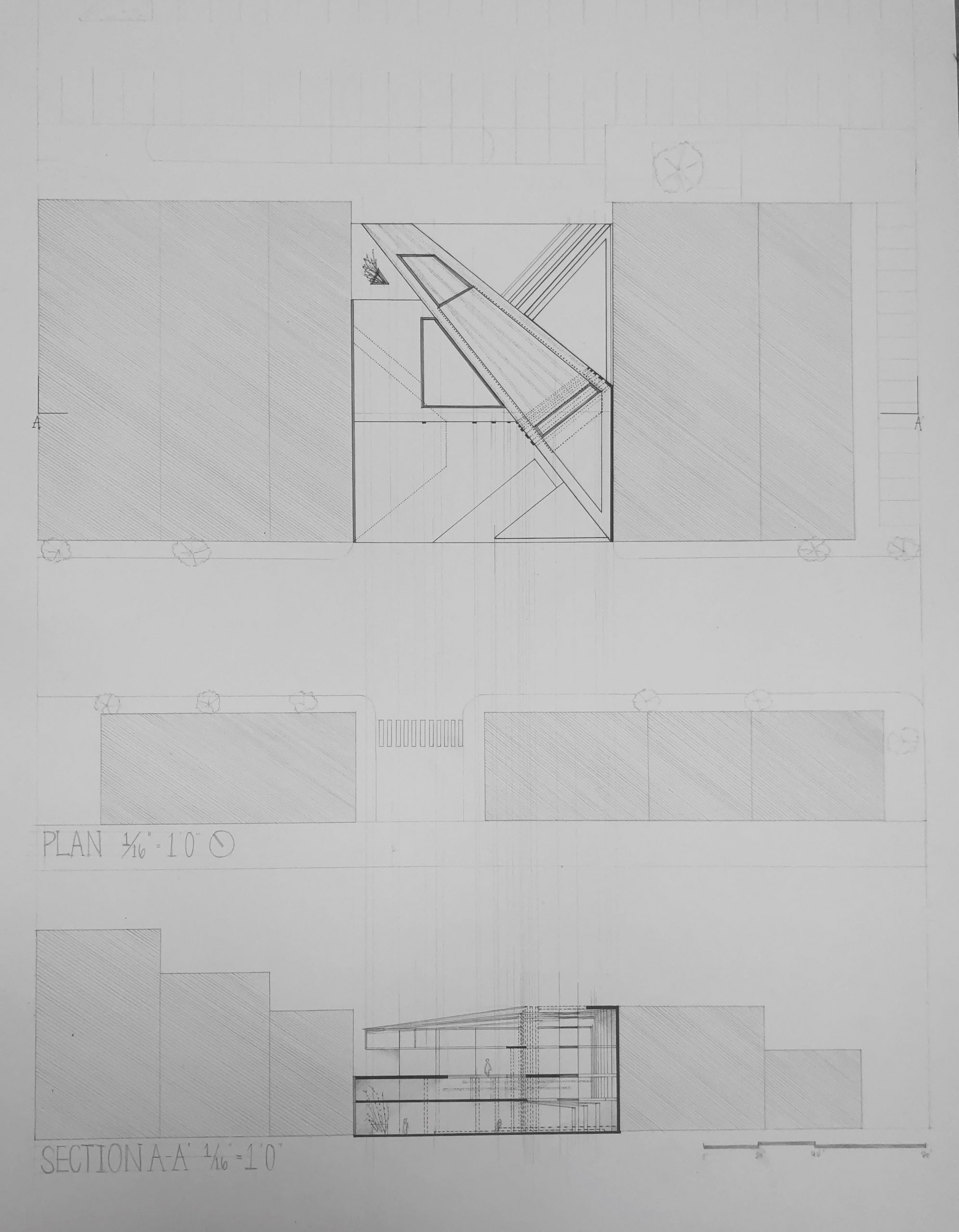 Plan and section drawings of angled design