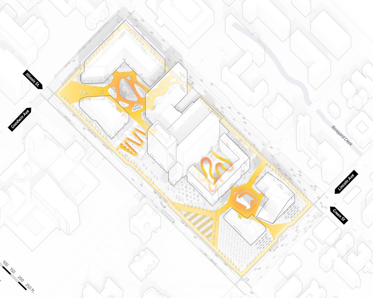 Oblique site drawings with orange and yellow highlights 