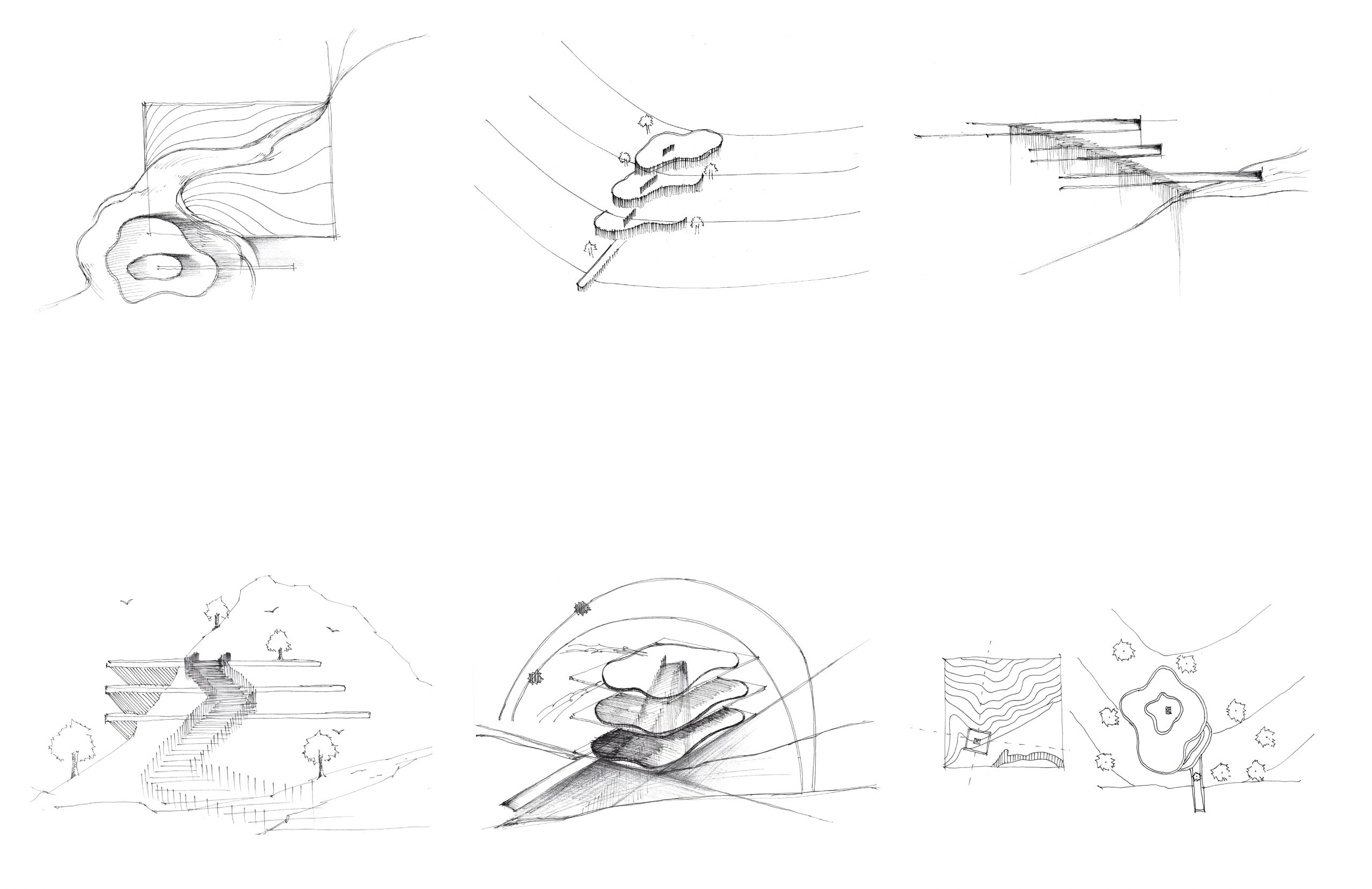 six sketches in black pen