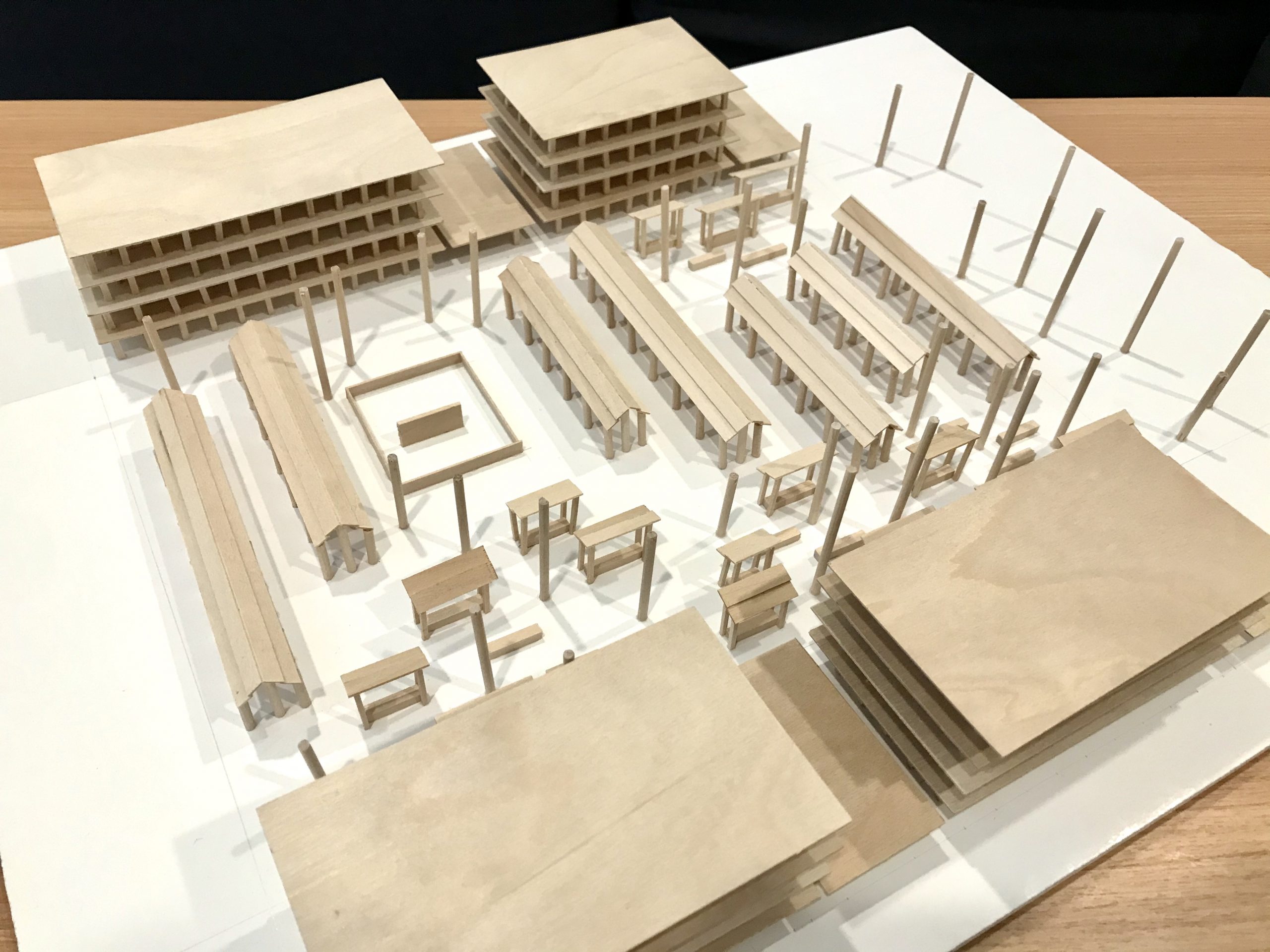 Model of design intervention in Chandigarh Sector 17, with linear pavilions