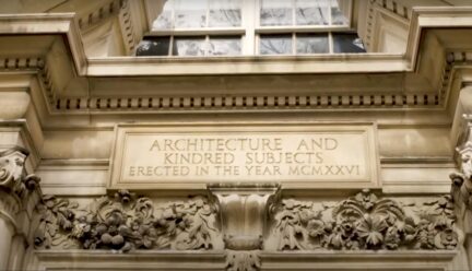 Closeup of an engraving on the school of architecture building 