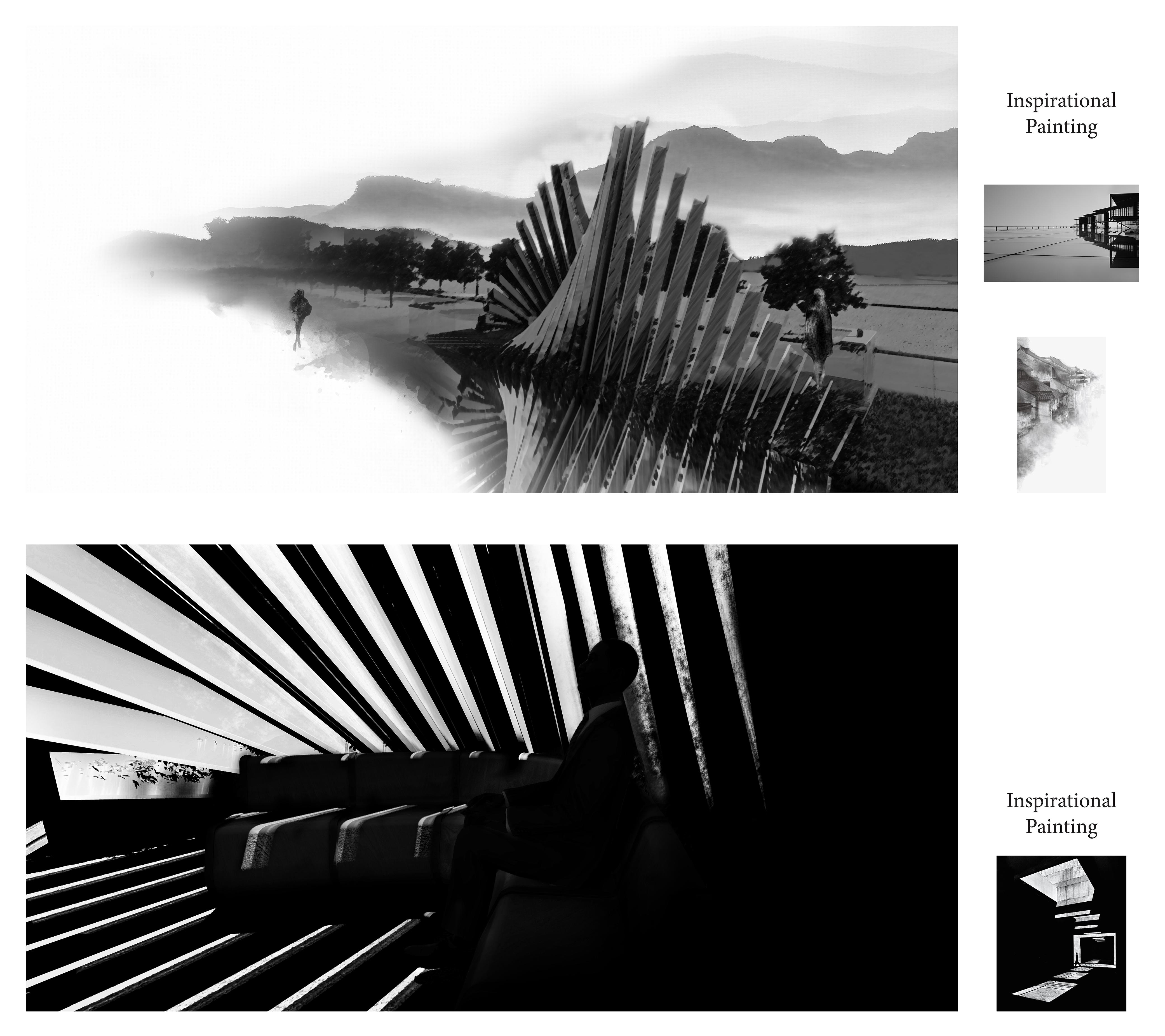 black and white renderings of a striated building form