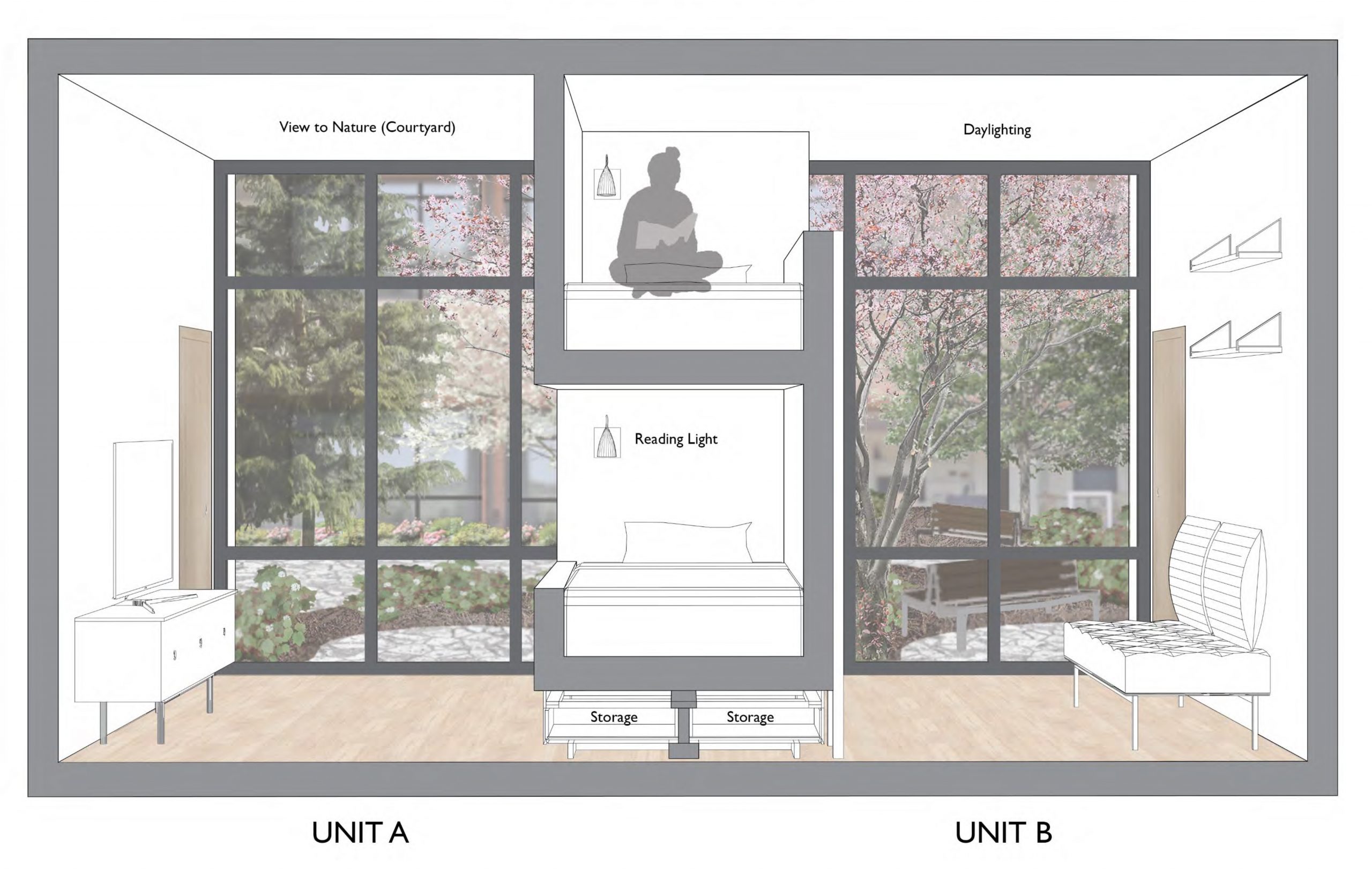 Section perspective of two adjoining dorm rooms