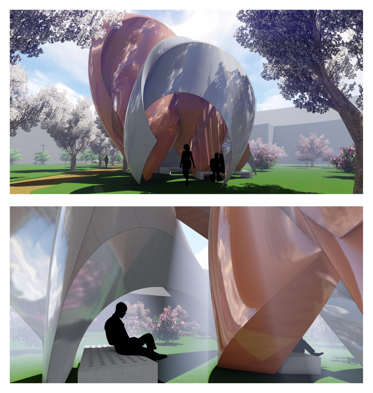 curved building form renderings with reflective copper material