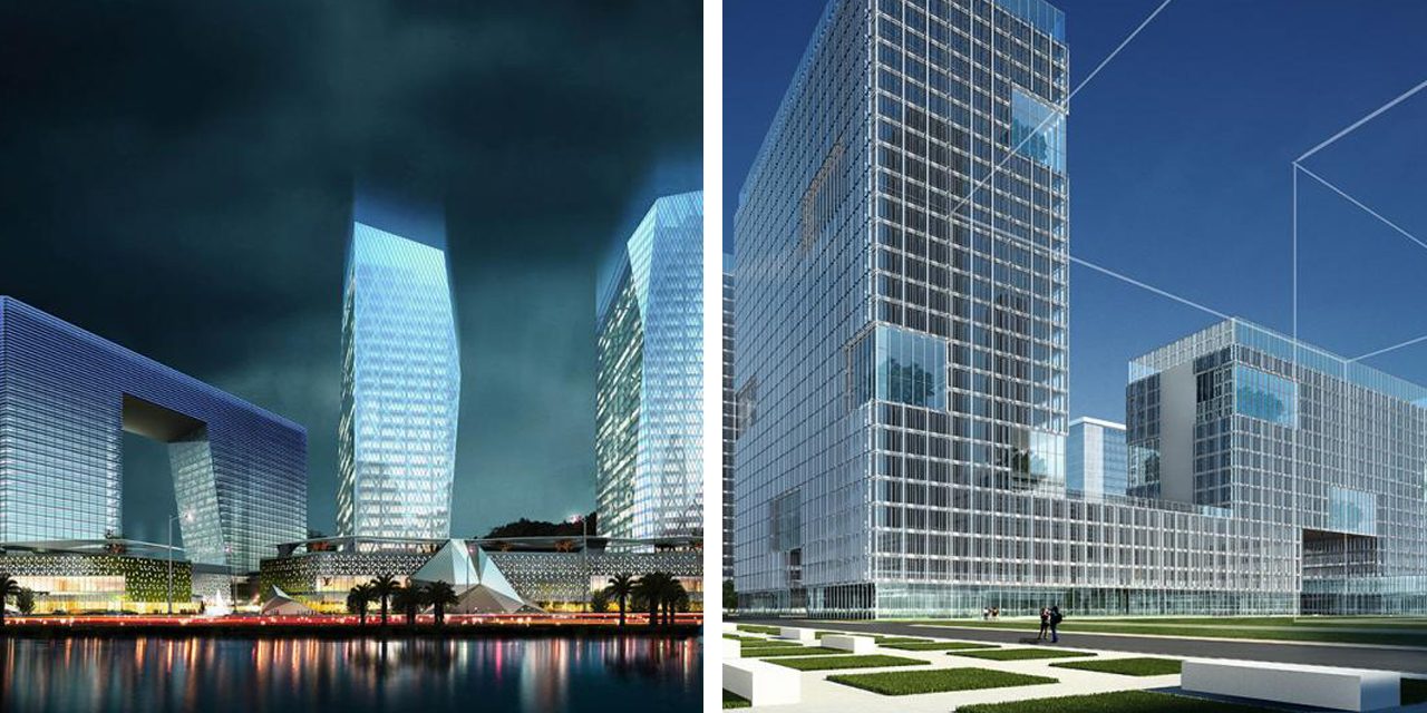 two renderings of buildings with gridded facades 