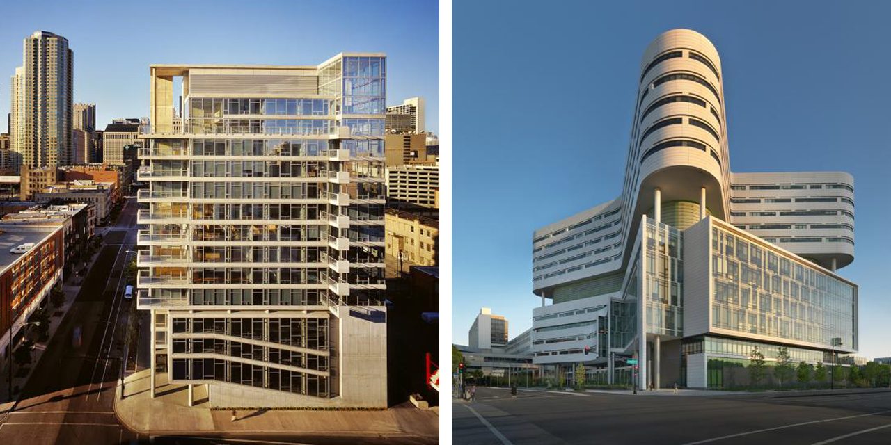 images of a concrete housing building and rush medical center in chicago 