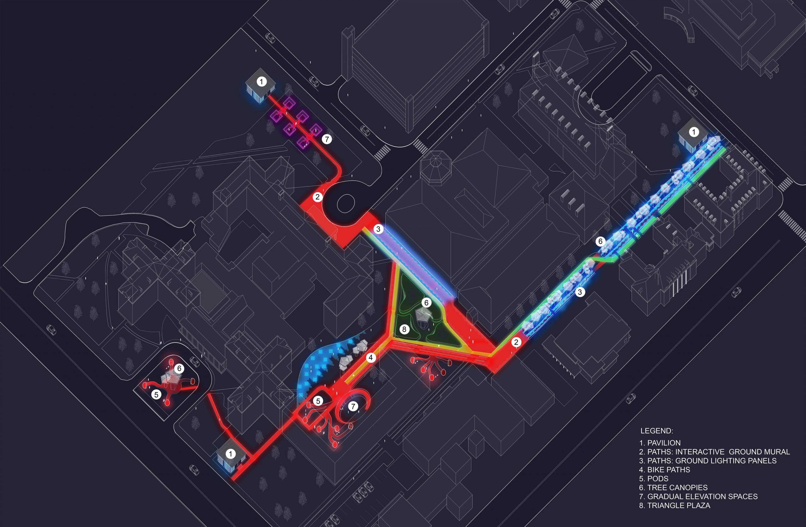 Oblique site drawing with black background and neon highlighted spaces