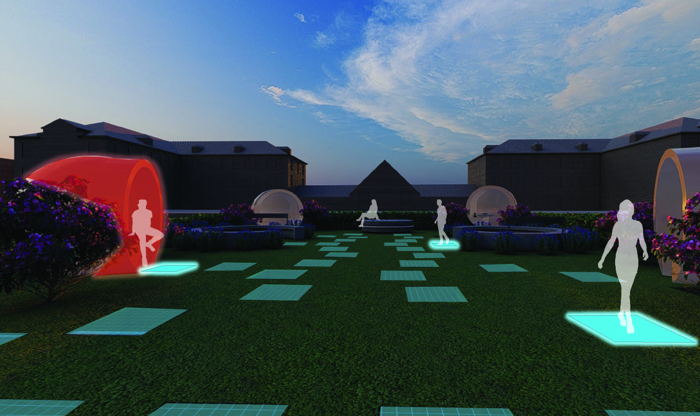 outdoor perspective with lighted panels on ground
