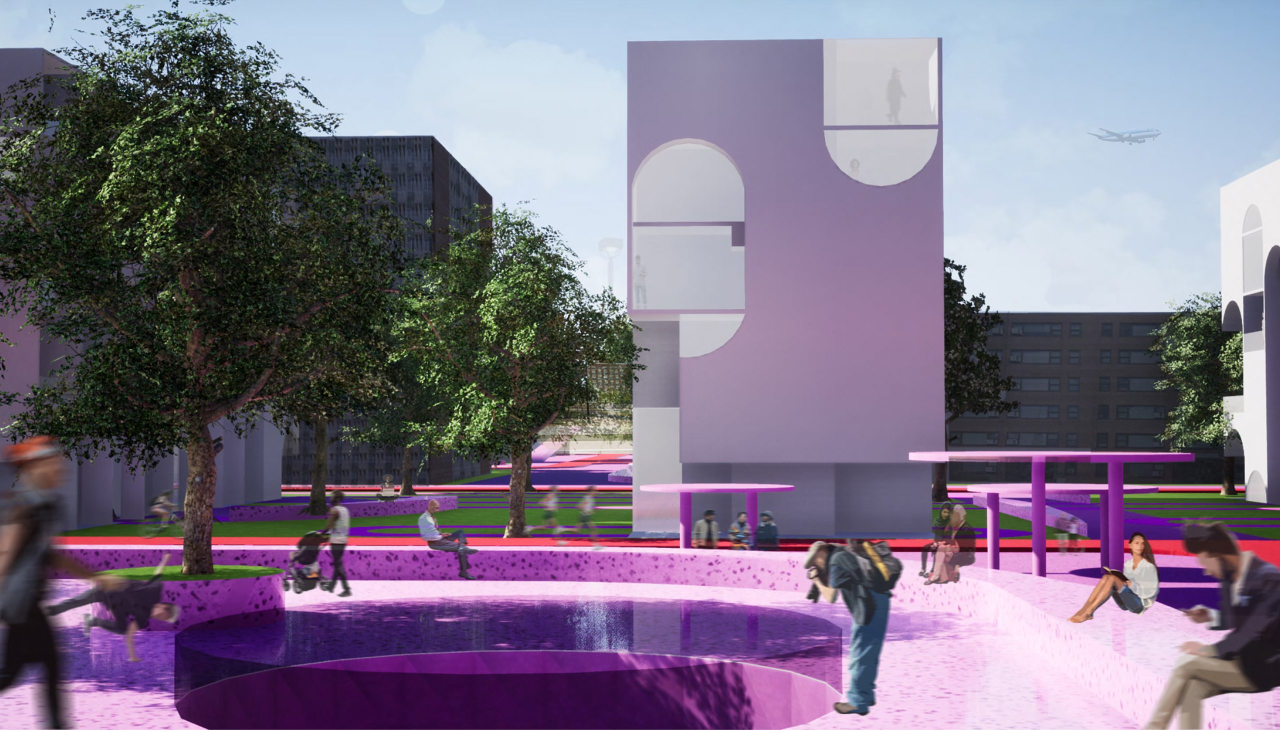 perspective showing pink concrete on ground and white building design beyond