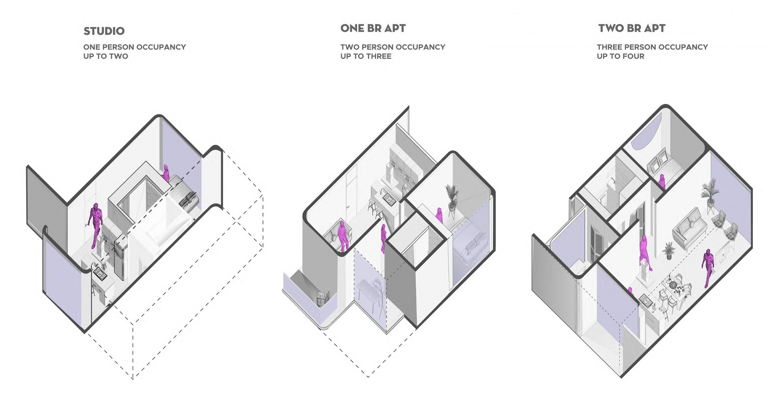three cut-away axons of apartment designs