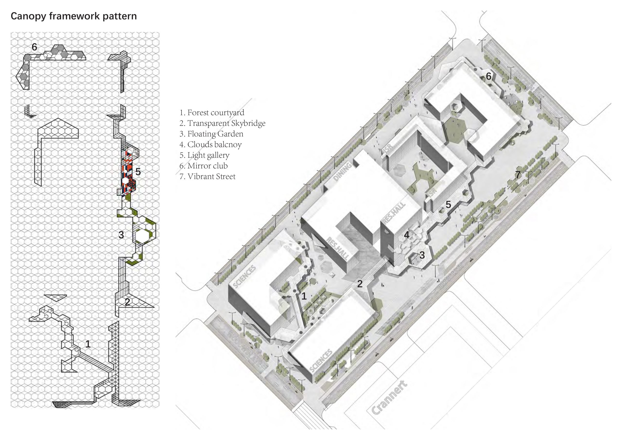 Plan and oblique site drawing with hexagonal grid underlay