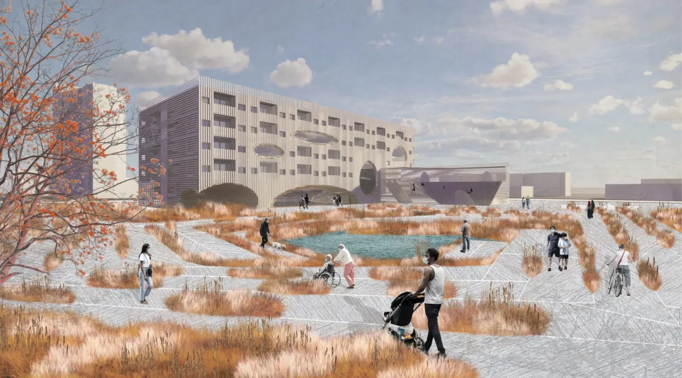 rendering of campus building with grassy courtyard in foreground 