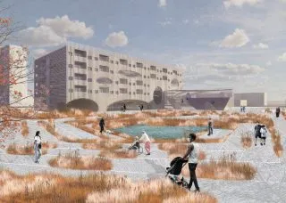 rendering of campus building with grassy courtyard in foreground 