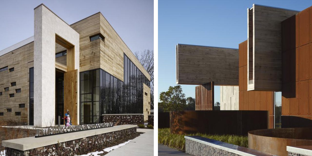 images of two building exteriors made of stone and wood 