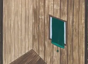 painting of brown wood wall with turquoise window shade 
