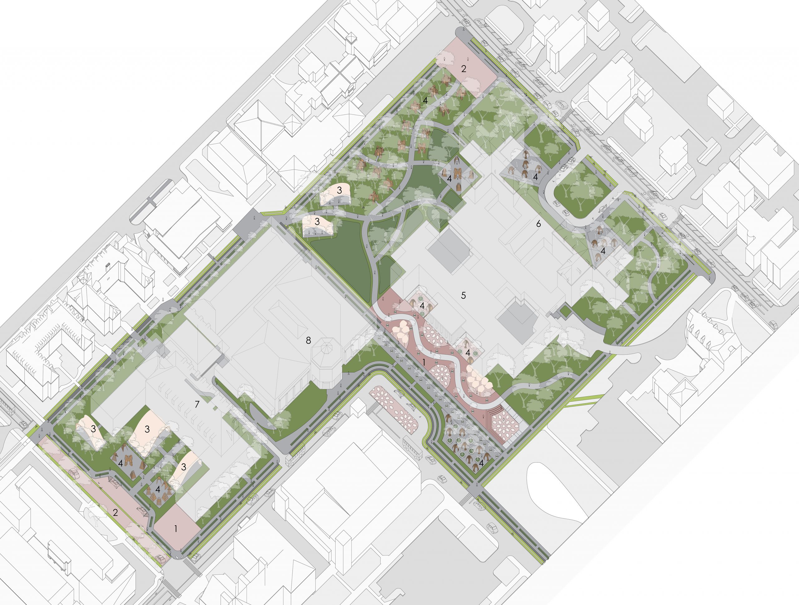 oblique site drawing with green and pink spaces highlighted