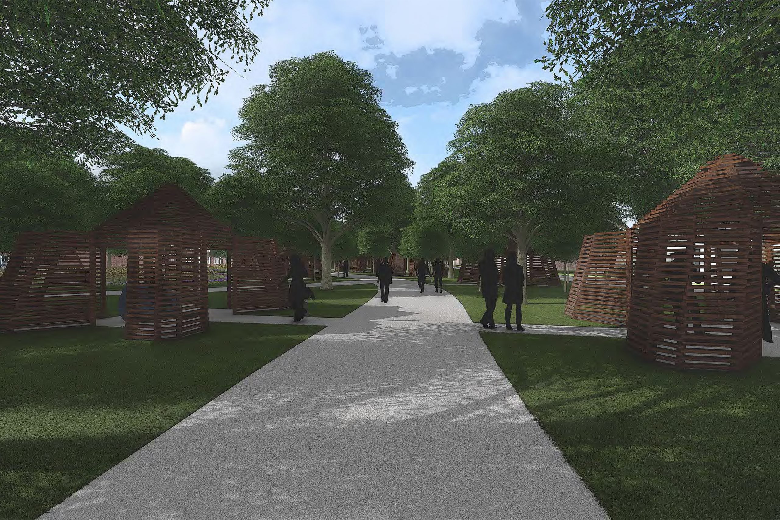 perspective with wooden pods on either side of outdoor walkway