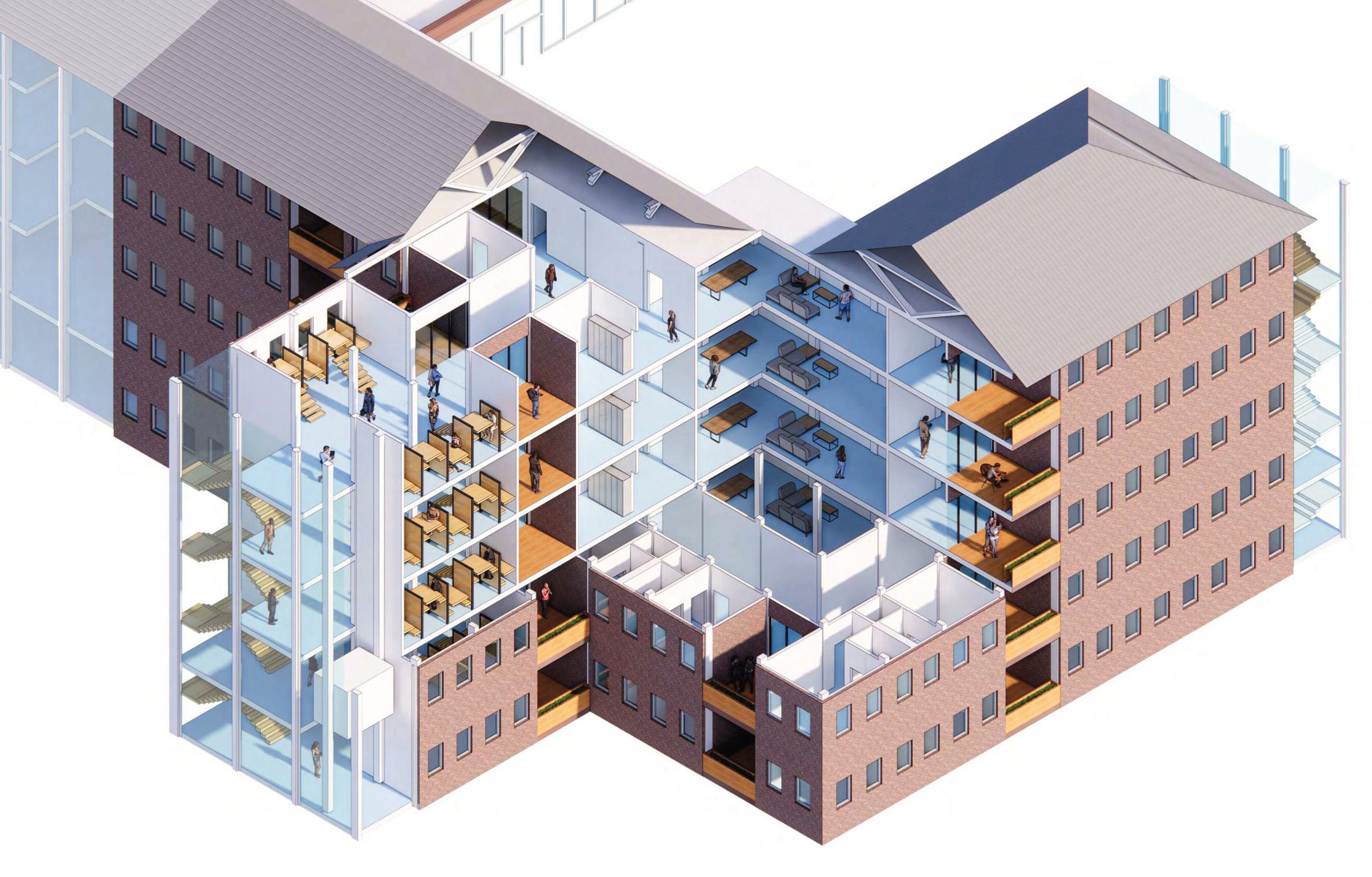 peeled-away axon showing corner of new building design