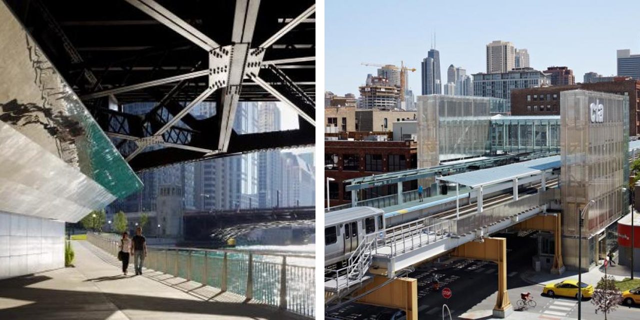images of the chicago riverwalk and morgan street CTA station 