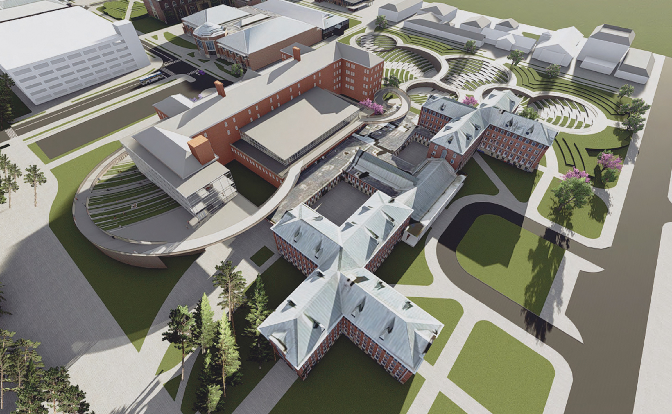 Aerial perspective of Allen Hall and new site design with amphitheaters in landscape