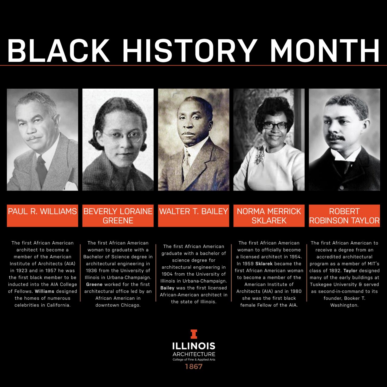 graphic celebrating black history month, with five black architects and their biographies 