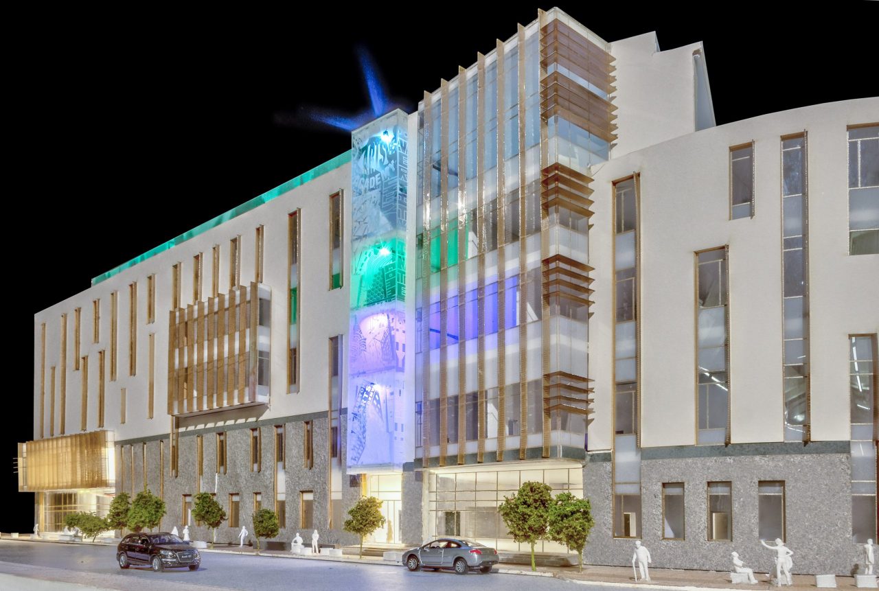 Rendering of building exterior at night 