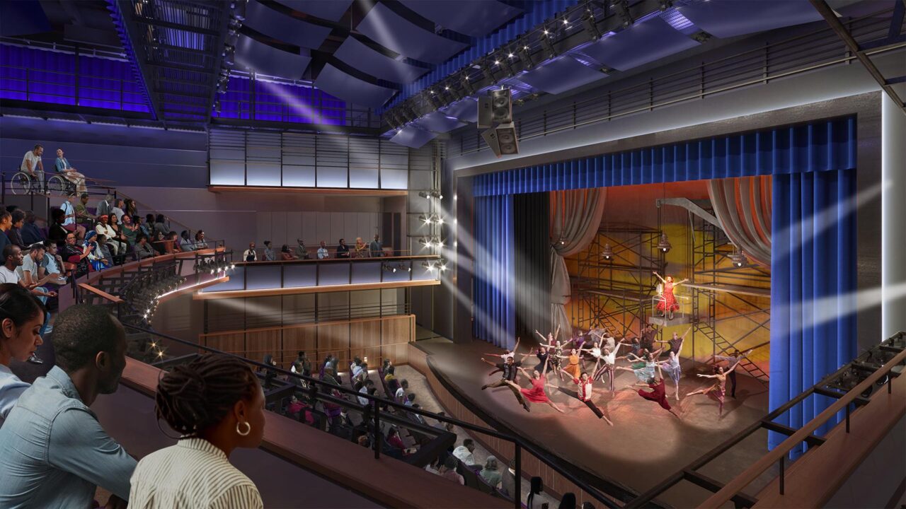 Interior rendering of an auditorium with a performance in progress 