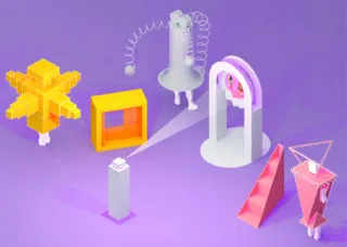 architectural objects rendered on a purple background 