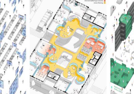 series of color axon diagrams of office spaces