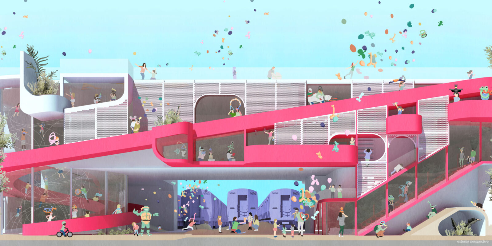 elevation rendering with pink play spaces