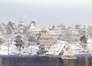 rendering of diamond shaped buildings along the water