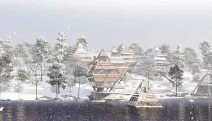 rendering of diamond shaped buildings along the water