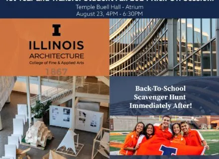 Indesign flyer with architectural models, close up of temple buell hall, students holding a flag hanging out, the block I on our football field, detailing the Kick-Off Session.