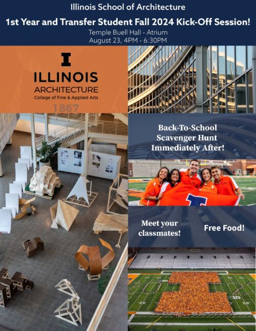 Indesign flyer with architectural models, close up of temple buell hall, students holding a flag hanging out, the block I on our football field, detailing the Kick-Off Session.