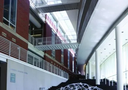 White circular structure in the middle of the Temple Buell Hall Atrium