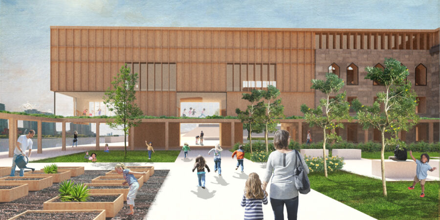 Building of wood metal and windows with a white sidewalk people walking on it and surrounded by greenery building is brown