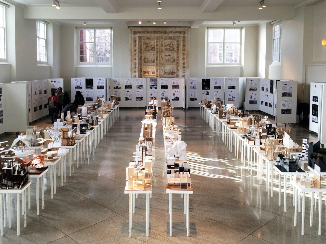 TBAG architecture studio gallery, located in Architecture building, large room with multiple architecture displays