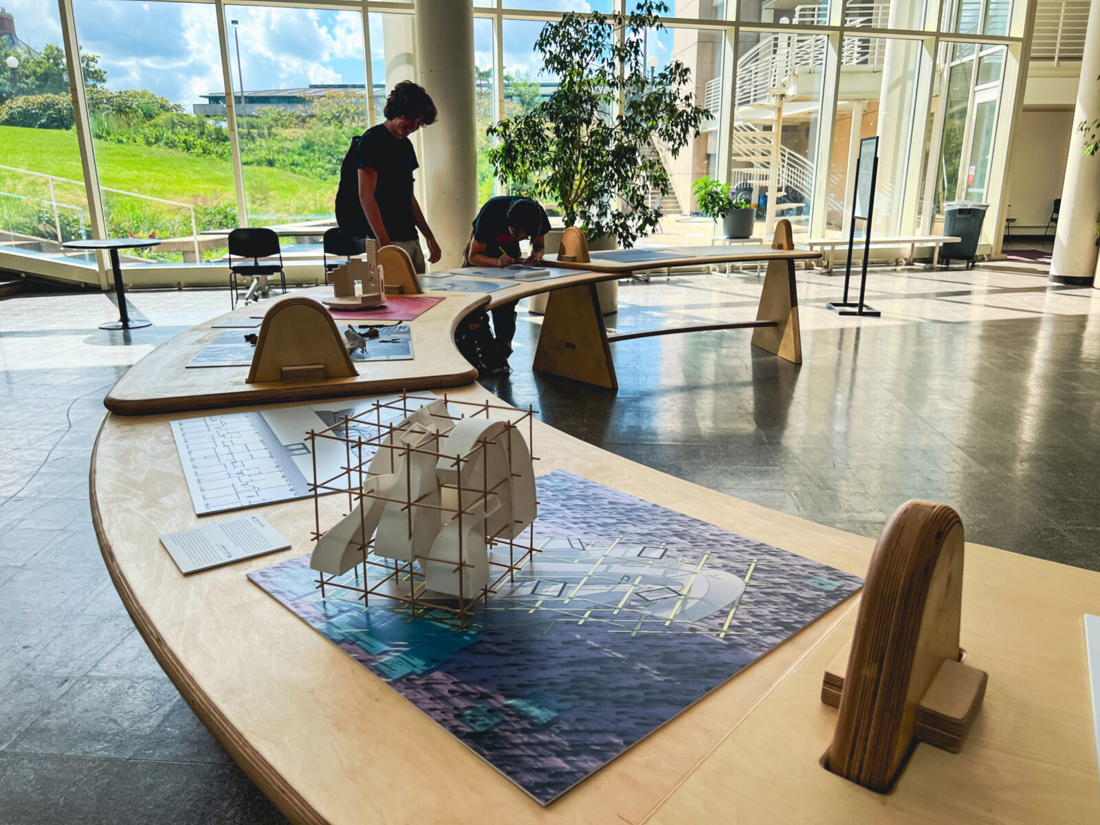 giant cutting board table in atrium