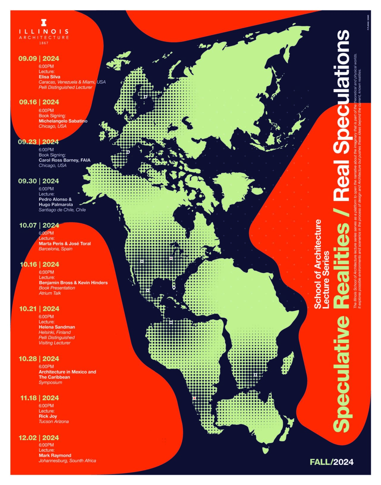 a colorfull poster to market the 2024 fall lecture series speculative realities replete with dates